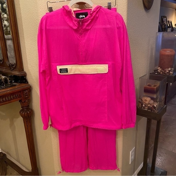 SOLD!! NWT~STUSSY Hot Pink Barbie Aydin Nylon Crinkle Hoodie and Pants Set Small - Picture 1 of 12